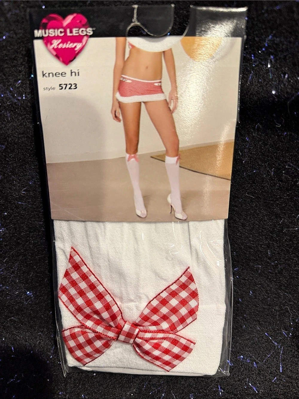 Music Legs Plaid Bow Opaque Knee High Socks White & Red